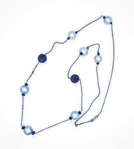 [NE-08253] 14kt white gold station chain with 7 Tahitian pearls 12-13mm. kyanite beads and 2 pave sapphire links, 36in long SOLD