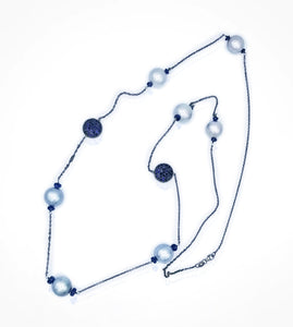 [NE-08253] 14kt white gold station chain with 7 Tahitian pearls 12-13mm. kyanite beads and 2 pave sapphire links, 36in long