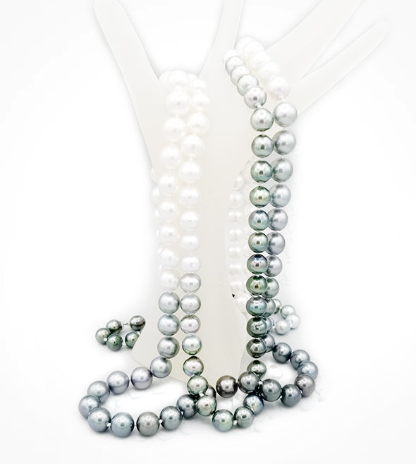 [NE-08261] 18KW Ball Clasp and 75x12mm Tahitian and South-Sea Pearls & [NE-08262] 14KW and 89x9-10mm Graduated Circlé Tahitian Pearls 38-inches-long