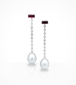 1100239 Estate 18KW ruby, diamond and south Sea pearl drop earrings, 2rubies=2.00cts, 20diamonds=0.88cts f-g, vsi-si, pearls=12.1mm