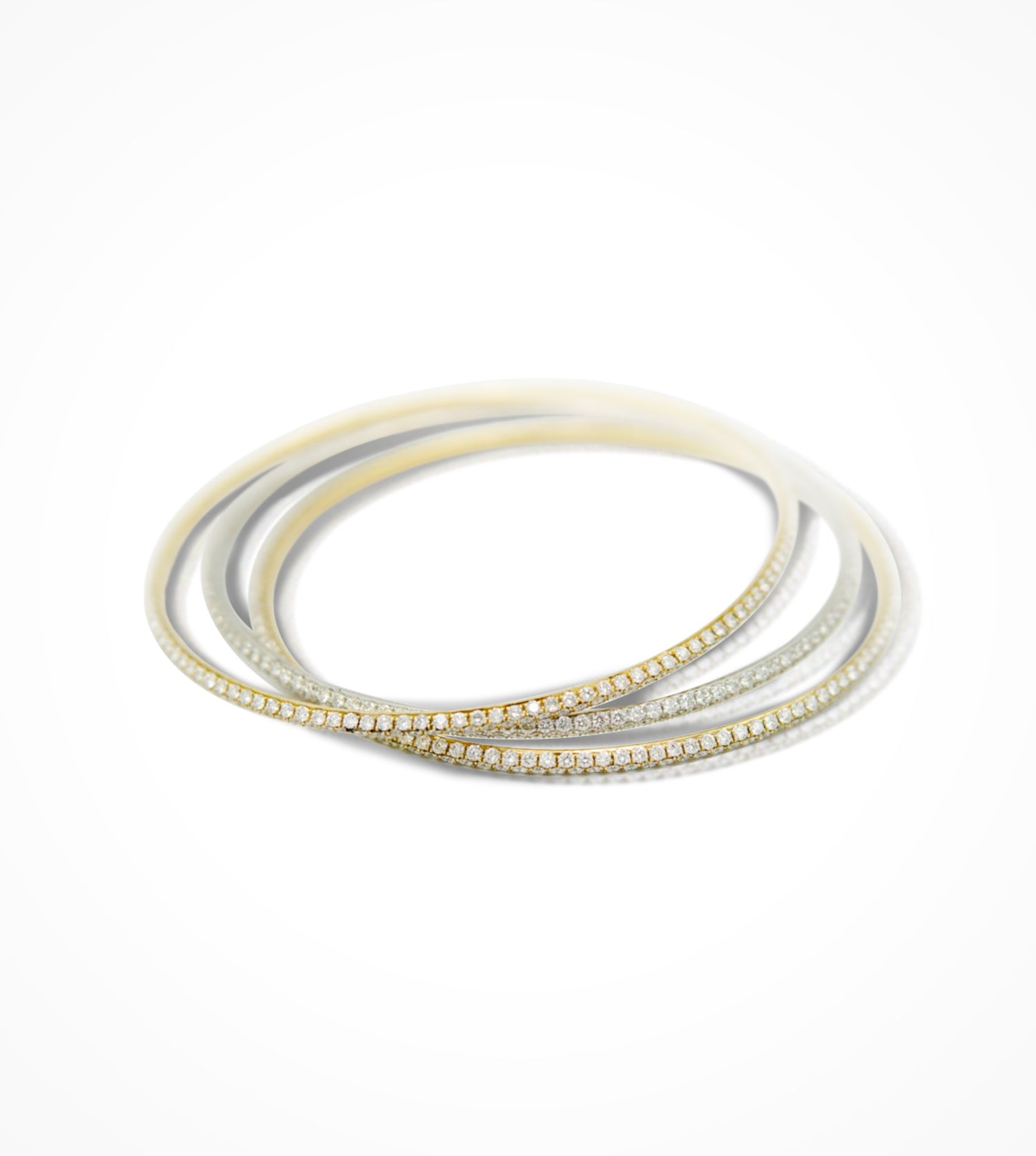 BR07287 18kt pave set two-tone bangles, 2 Yellow Gold, 1 White Gold. Diamonds=11.31cts. Price upon Request.