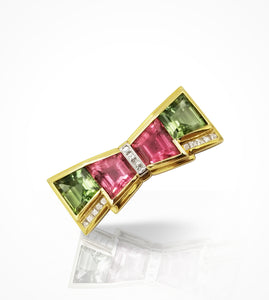 DC-003032 18kt yellow gold,  green & pink Tourmaline & Diamond Brooch. Price upon request