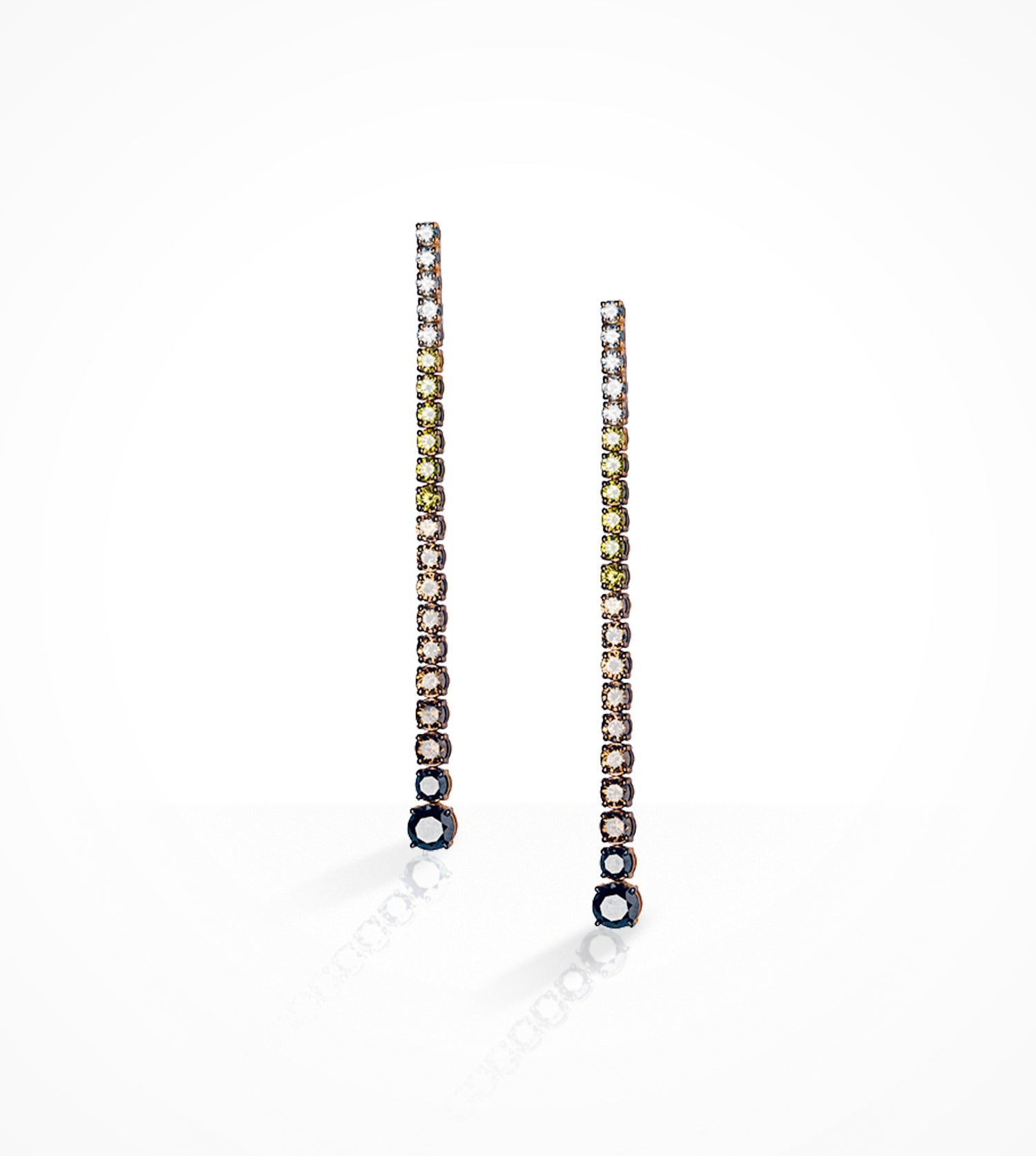 ER00097 18KP diamond line drop earrings,  white diamond=.70cts, brown =2.46cts, yellow=1.12cts _ black diamonds=2.24cts