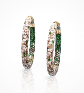 ER00295-18K rose gold pave hoops, green garnet=4.86cts, white diamond=3.03cts, brown diamonds=4.3cts