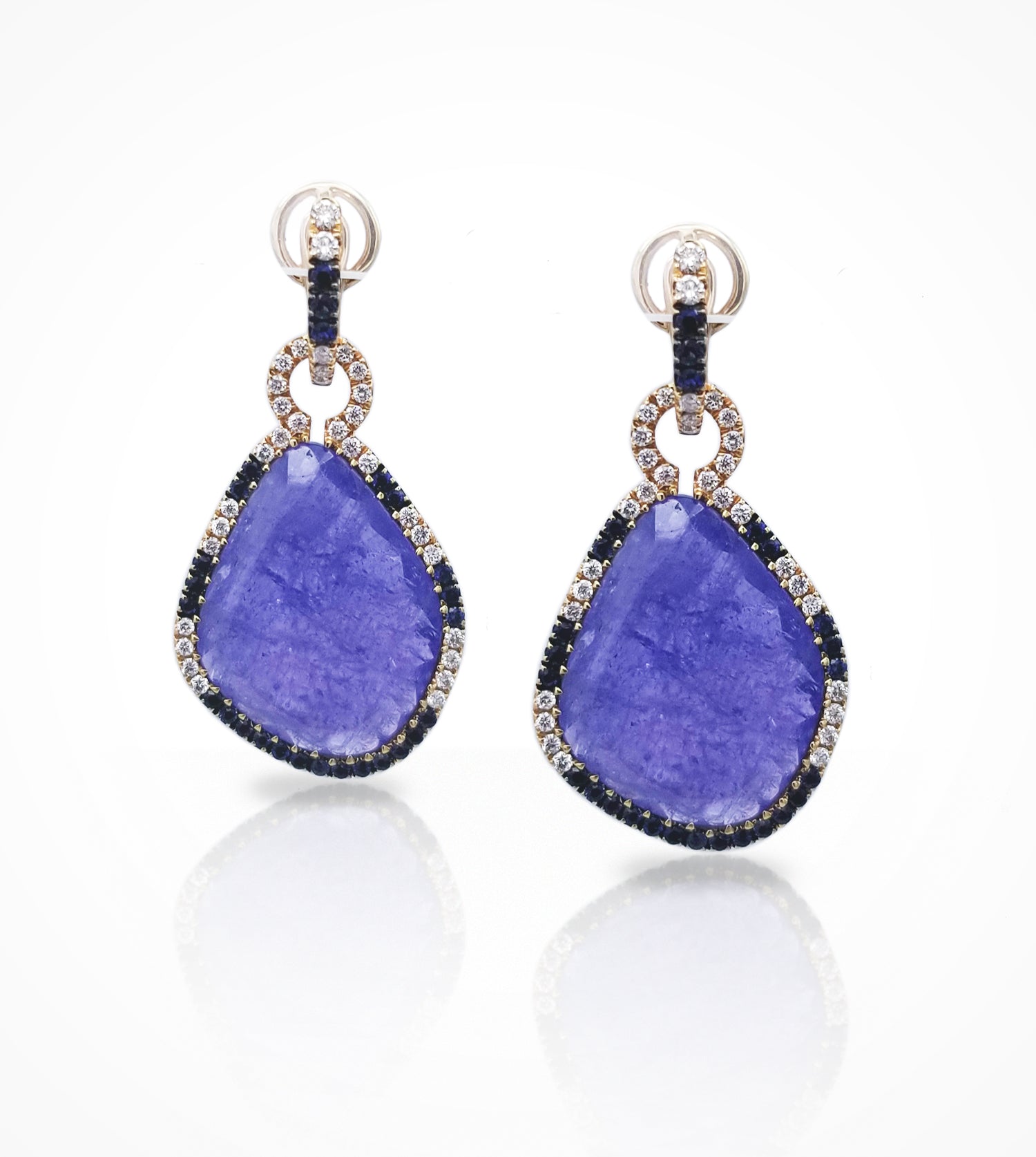 ER00308-18K rose gold tanzanite, sapphire and diamond drop earrings, 2tanzanites=36.06cts, sapphires=1.05cts, diamonds=0.98cts g-si