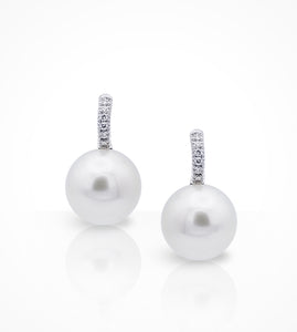ER00465 18KW short drop earrings, 12.8mm white South Sea pearls, 12 diamonds=0.12cts