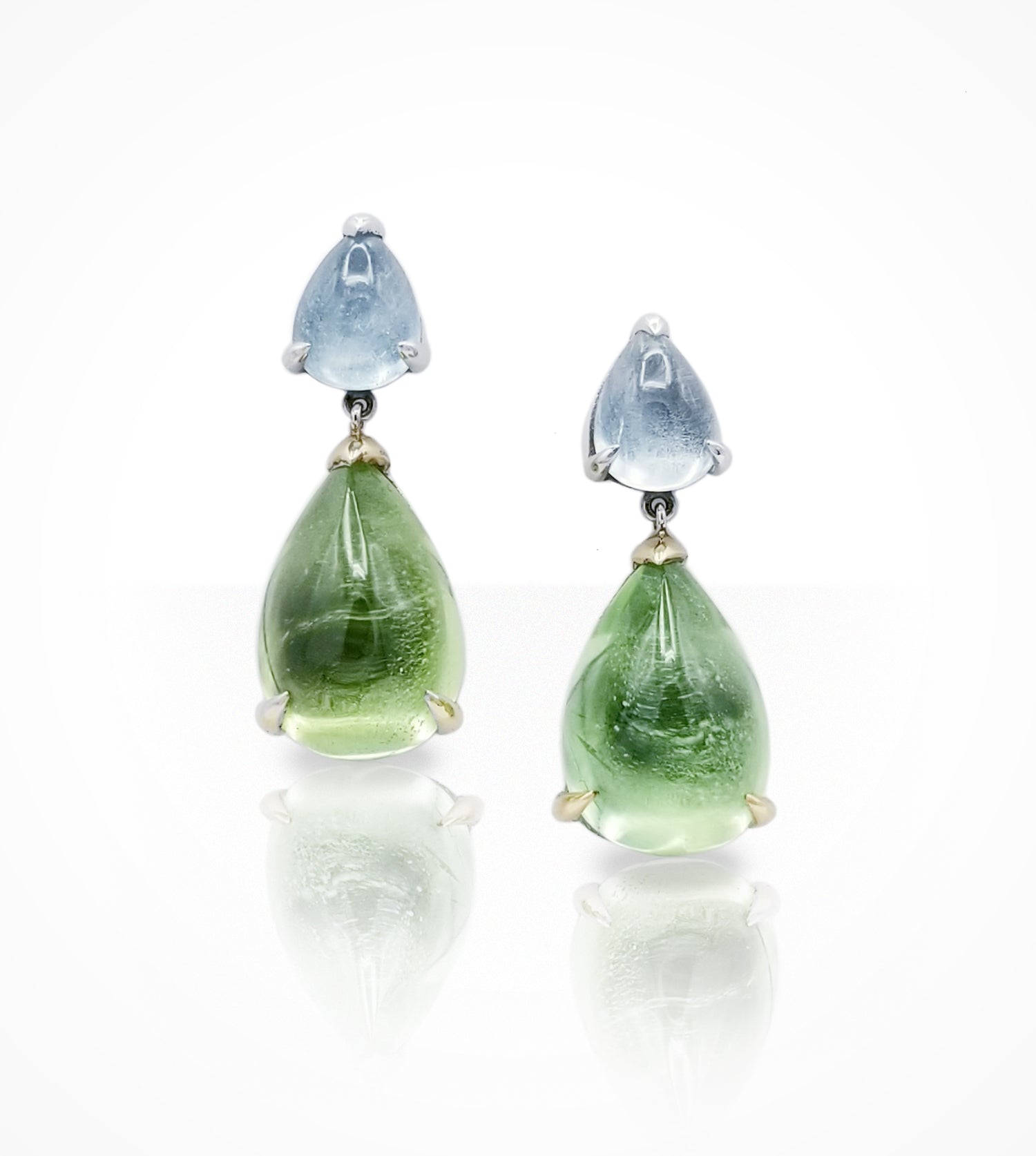 ER00530-18K white and yellow gold drop earrings, 2 peridot cabochons = 20.8cts, 2aquamarine cabochons = 3.39cts