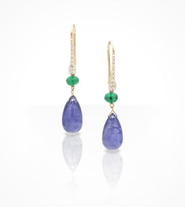 ER00542 18K pink gold drop earrings, 2Tanzanite =13.44cts, 22Diamonds=0.18 g-si and 2 emerald beads = 1.3cts