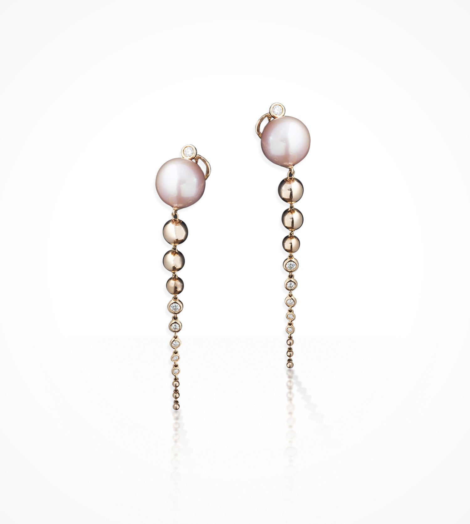 ER00562 18KP 12.7mm-pink-pearls & 12D=.50ct drop earrings. SOLD