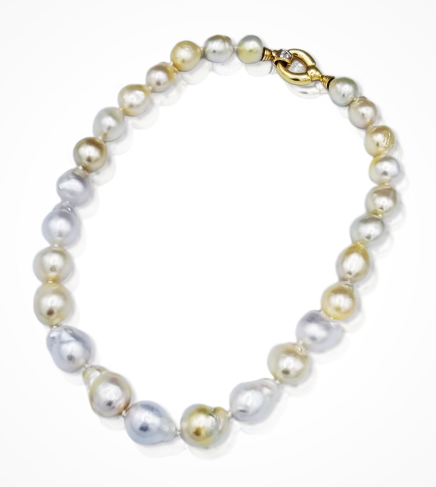 NE-000611 26 natural colour silver and gold baroque South Sea pearls, 10.8-14.5mm Price upon request and MC-000909 18K yellow gold clasp $1150.00