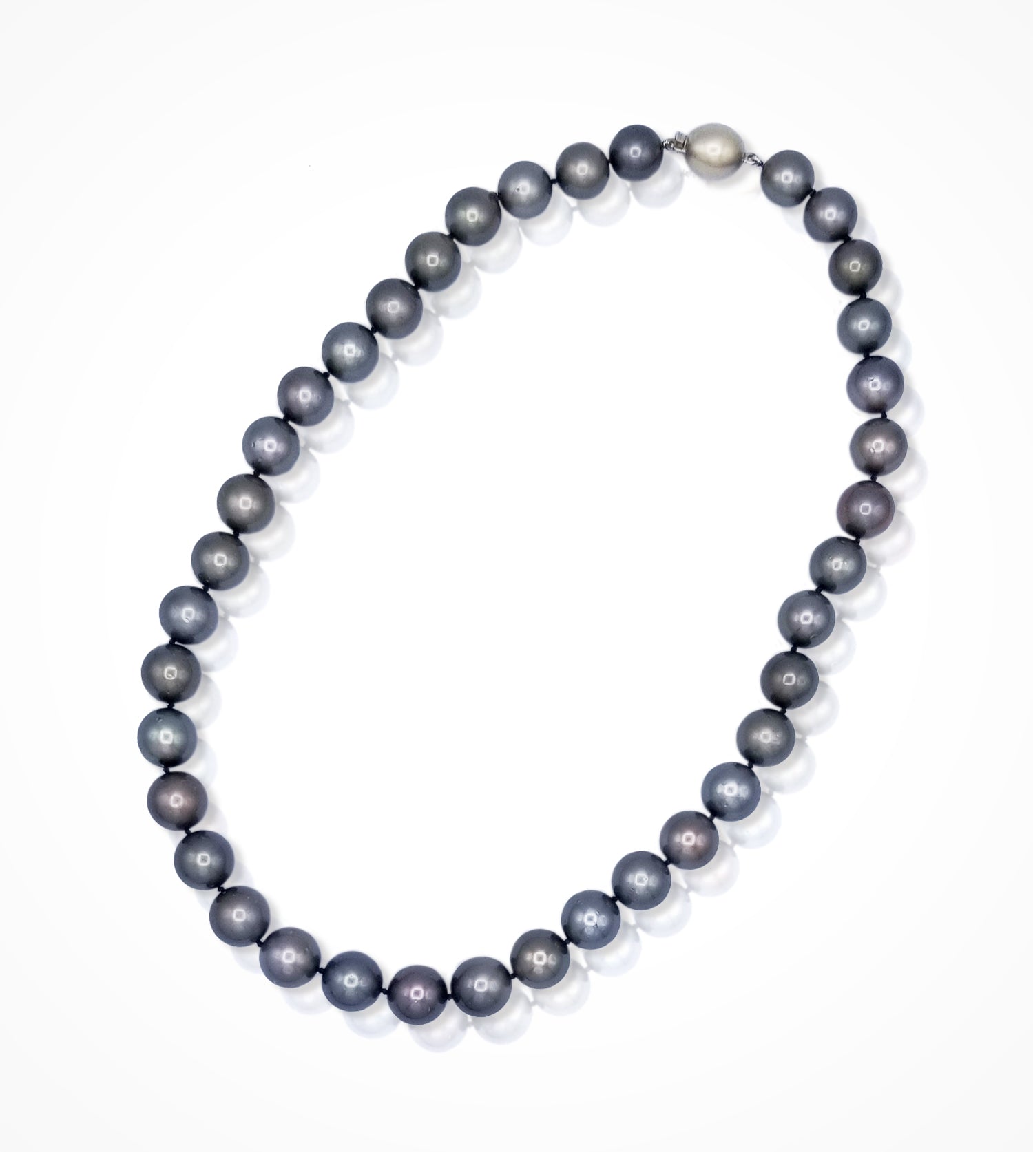 NE-001366 18K white gold clasp and 37 Grey Tahitian pearls 10.4-11.9mm in diameter
