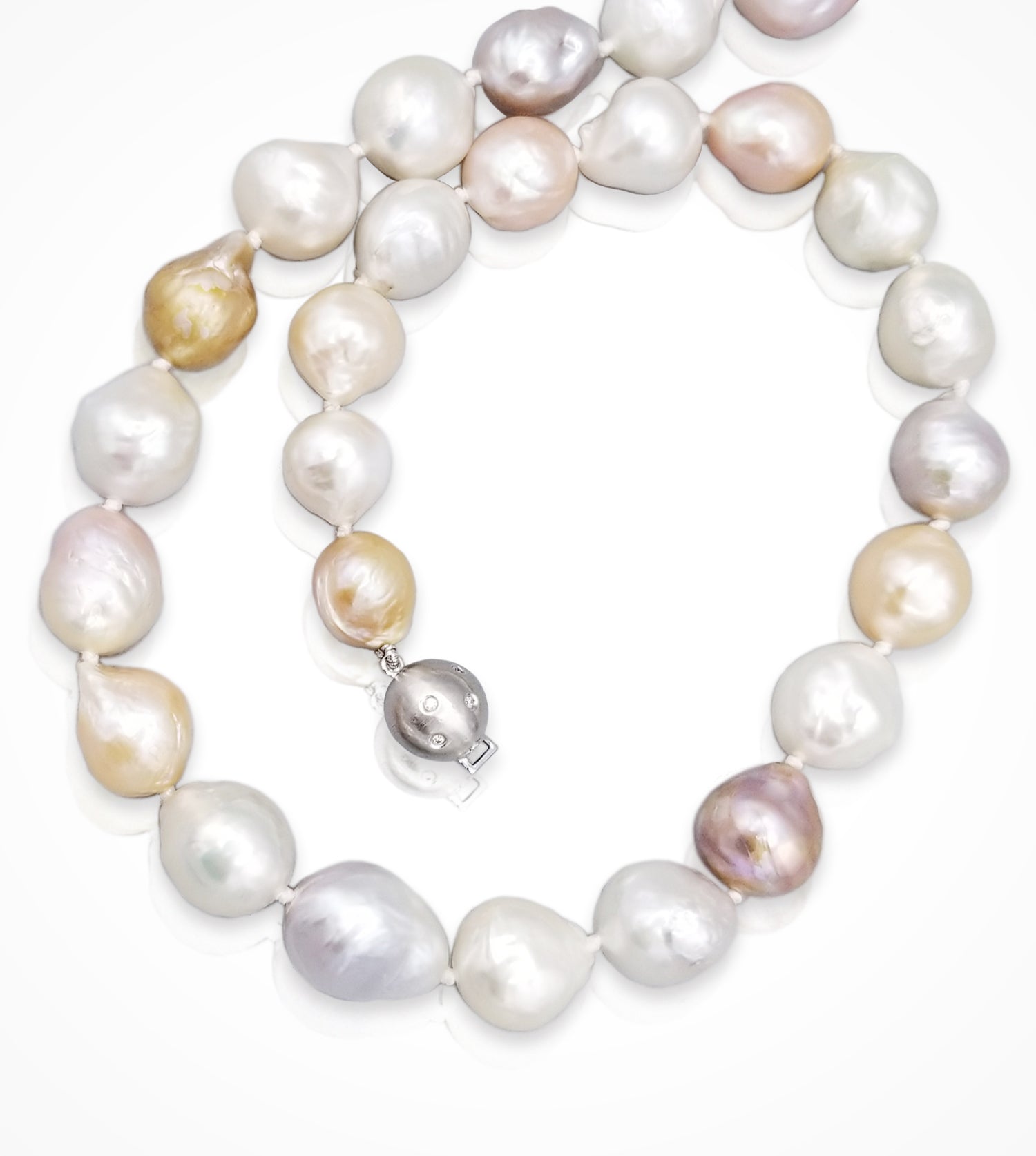 NE-002608 18-14K White gold clasp and 31 Kasumiga pearl necklace,10.5-13mm, 17.5 inches long.