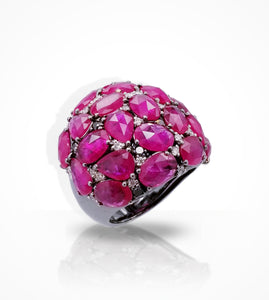 RG00130 18K White gold, 23 rose cut pink sapphires, white diamond & black diamond Ring