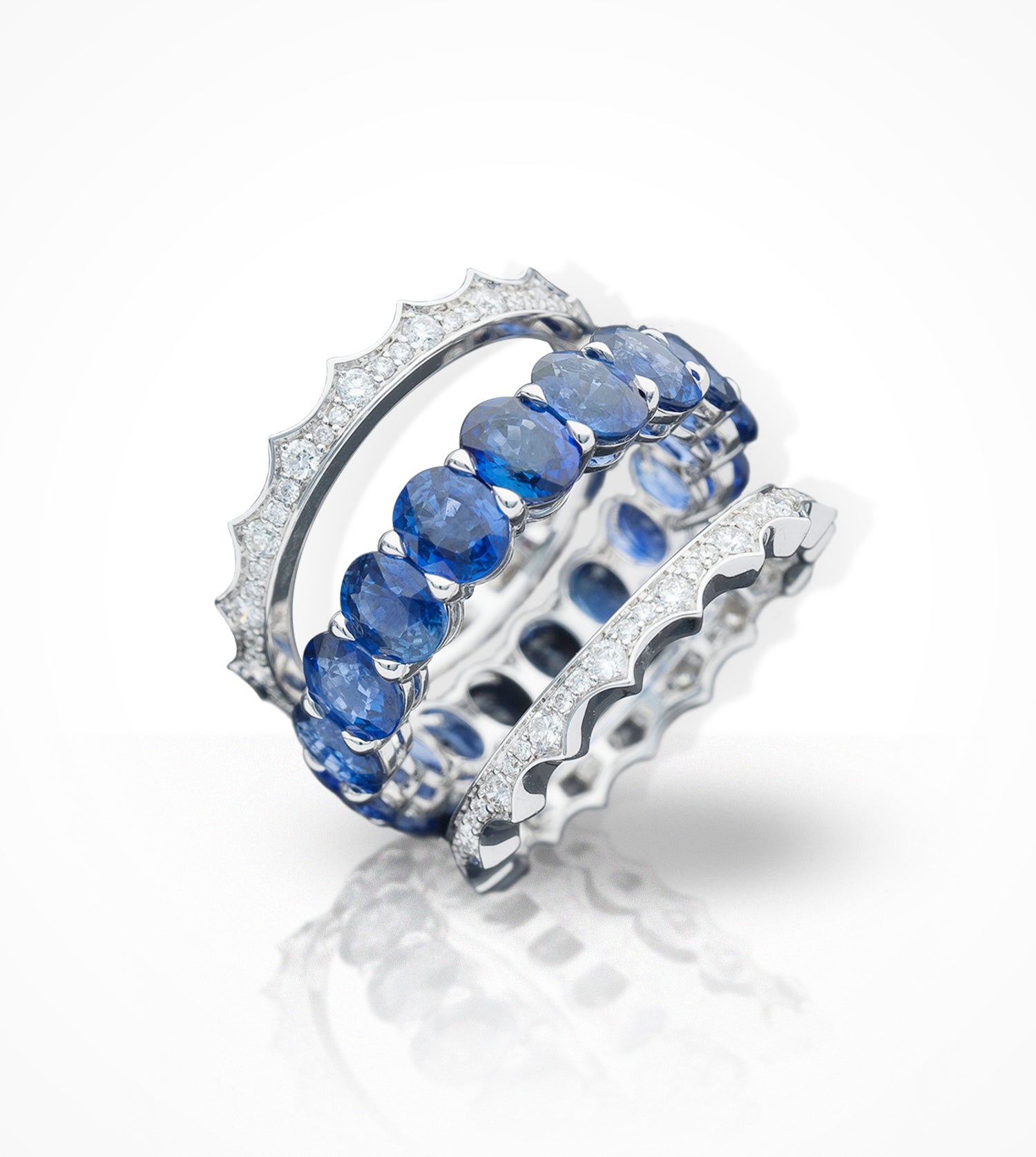 RG00256 18KW 3-BANDS, Sapphire eternity band and  2 crown style guard-rings