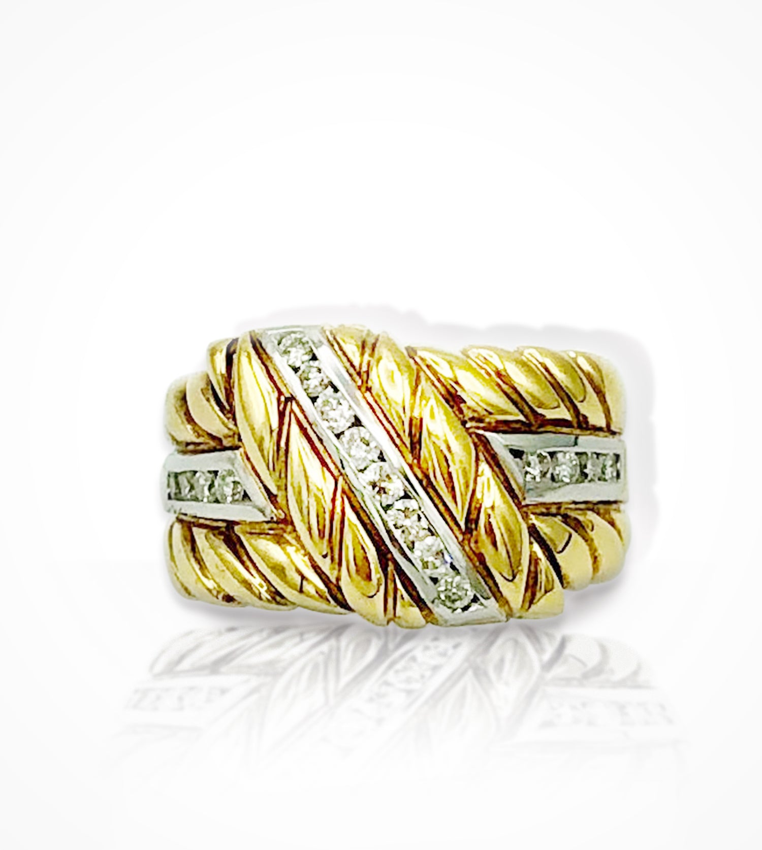 RL-000301 18kt white and yellow gold rope twist style band with channel set diamonds.