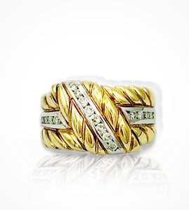 RL-000301 18kt white and yellow gold rope twist style band with channel set diamonds.